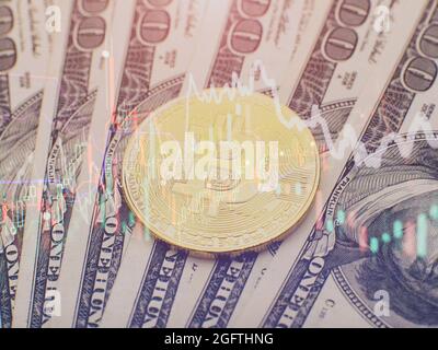 Technical graph of Bitcoin in futuristic concept . Golden bitcoins standing on circuit board, cryptocurrency concept. Stock Photo
