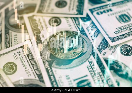 Bitcoin cryptocurrency coins . Crypto currency Gold Bitcoin, BTC, Bit Coin. Macro shot of Bitcoin coins isolated on black background. Stock Photo