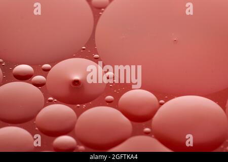 Bubbles of oil in water making an interesting dark pink macro pattern Stock Photo