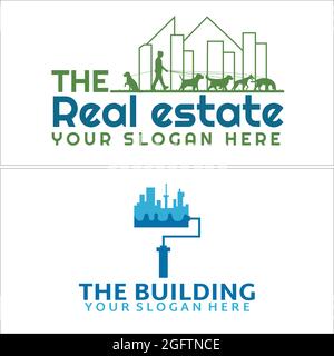 Real Estate with home building and paint roller logo design Stock Vector
