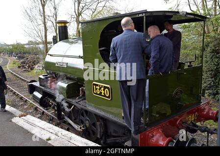 Richard Preston, Chairman of The Great Western Society with driver and fireman on the footplate of GWR loco 1340 "Trojan" at Didcot Railway Centre Stock Photo