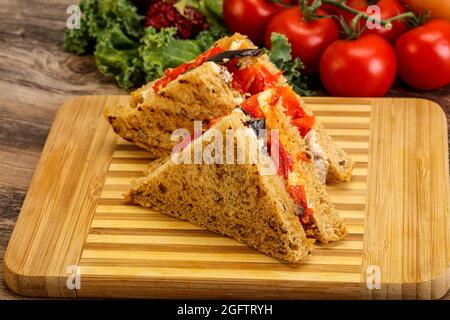 Vegetarian Club sandwich with eggplant and cheese Stock Photo