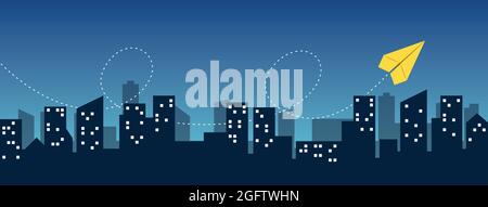 Paper airplane flying over the night city Stock Vector