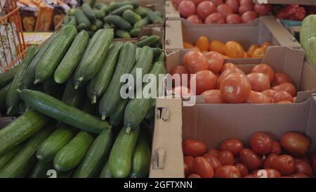 Tomatoes and cucumbers in the boxes of a large store. Stock Photo
