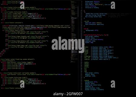 developer python, java script, html, css source code on monitor screen. writing script of software developer. program coding. programmer editing code Stock Photo