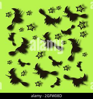 Halloween pattern with stars and flying witches on a green background Stock Vector