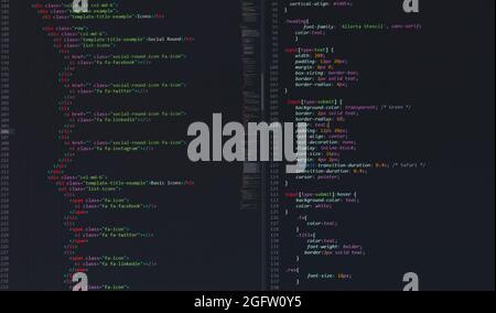 developer python, java script, html, css source code on monitor screen. writing script of software developer. program coding. programmer editing code Stock Photo