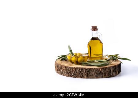 Virgin olive with green olives in crystal bowl isolated on white background Stock Photo