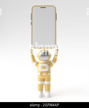 Astronaut Holding Smartphone Blank Screen Template. Abstract trendy fashionable mockup. 3D rendering of blank phone mobile app. Stock Photo