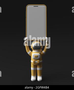 Astronaut Holding Smartphone Blank Screen Template. Abstract trendy fashionable mockup. 3D rendering of blank phone mobile app. Stock Photo