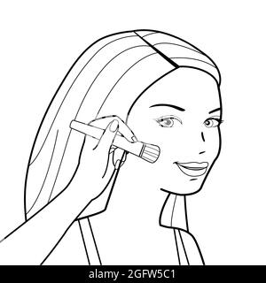 Woman applies blush on her cheeks. Black and white coloring page. Stock Photo