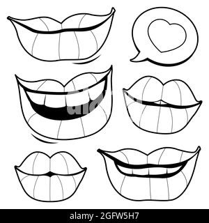 A set of female smiling lips. Black and white illustration. Stock Photo