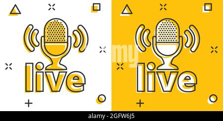 Microphone icon in comic style. Live broadcast vector cartoon illustration on white isolated background. Sound record business concept splash effect. Stock Vector