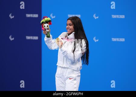 Gold medalist PAGONIS Anastasia (USA) celebrates on the podium for the