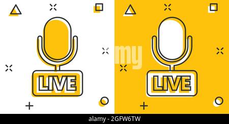 Microphone icon in comic style. Live broadcast vector cartoon illustration on white isolated background. Sound record business concept splash effect. Stock Vector