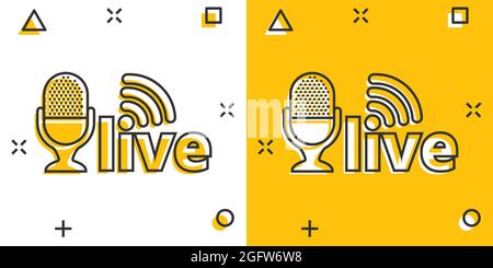 Microphone icon in comic style. Live broadcast vector cartoon illustration on white isolated background. Sound record business concept splash effect. Stock Vector