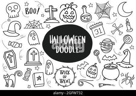Conjunto doodle desenho mão desenhada halloween preto e branco