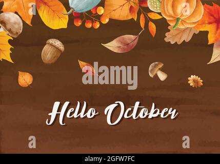 Hello october with ornate of leaves flower background. Autumn october hand drawn lettering template design. Stock Vector