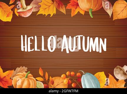 Hello autumn with ornate of leaves flower frame. Autumn october hand drawn lettering template design. Stock Vector