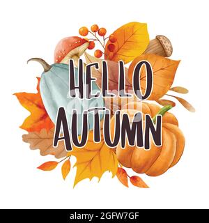 Hello autumn with ornate of leaves flower background. Autumn october hand drawn lettering template design. Stock Vector