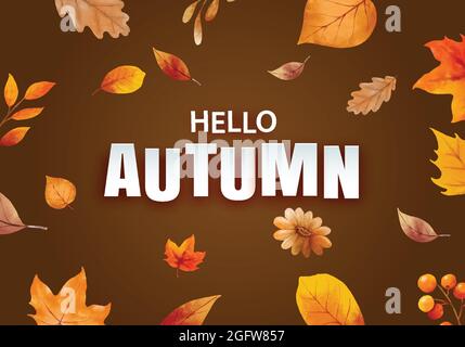Hello autumn with ornate of leaves flower background. Autumn october hand drawn lettering template design. Stock Vector