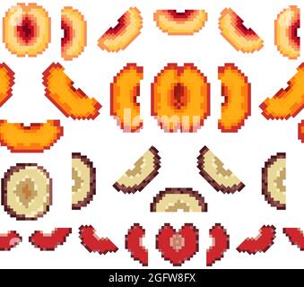 Stone fruits slice seamless pattern, cuts. Pixel art style Stock Vector