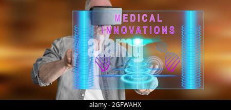 Man wearing a reality virtual headset touching a medical innovation concept on a touch screen with his fingers Stock Photo