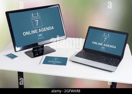 Online agenda concept shown on different information technology devices Stock Photo