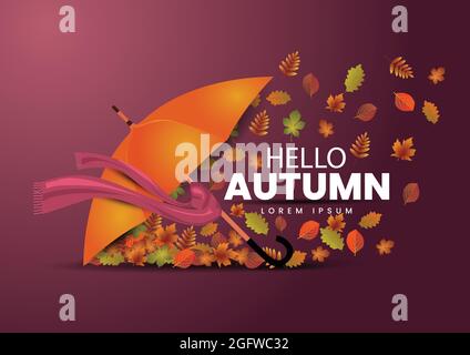 Hello Autumn. Autumn vector illustration background with orange color umbrella Stock Vector