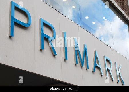 File photo dated 03/11/09 of a Primark sign. Primark changing rooms at two London stores will become vaccination clinics this bank holiday weekend. The jabs will be on offer to anyone aged 16 and over at the Oxford Street East and Wood Green Primark stores on Saturday. Issue date: Friday August 27, 2021. Stock Photo