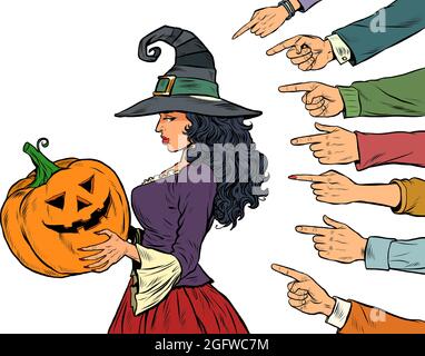 witch woman with pumpkin halloween, seasonal holiday, shame shaming bullying theme. Isolate on a white background Stock Vector