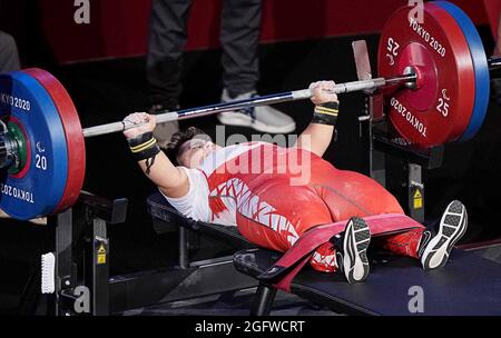 Tokyo, Japan. 27th Aug, 2021. Besra Duman of Turkey competes during the women's -55KG powerlifting final at the Tokyo 2020 Paralympic Games in Tokyo, Japan, Aug. 27, 2021. Credit: Xiong Qi/Xinhua/Alamy Live News Stock Photo