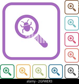 Bug tracking simple icons in color rounded square frames on white background Stock Vector