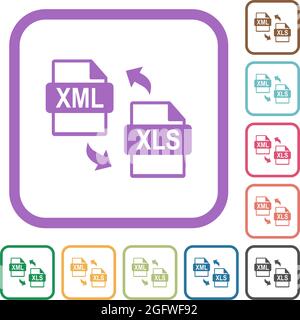 XML XLS file conversion simple icons in color rounded square frames on white background Stock Vector
