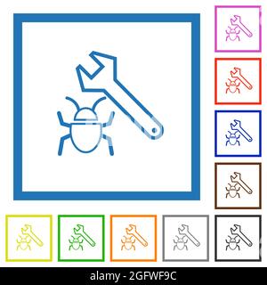 Bug fixing outline flat color icons in square frames on white background Stock Vector