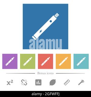 Electronic cigarette solid flat white icons in square backgrounds. 6 bonus icons included. Stock Vector