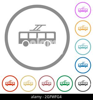 Trolley bus flat color icons in round outlines on white background Stock Vector