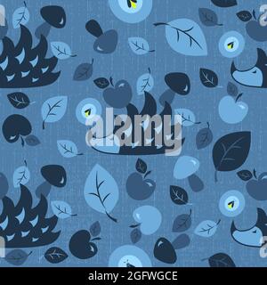 Hedgehogs in the night with fireflies, apples, mushrooms, leaves. Seamless pattern. Vector illustration for children. Texture background Stock Vector