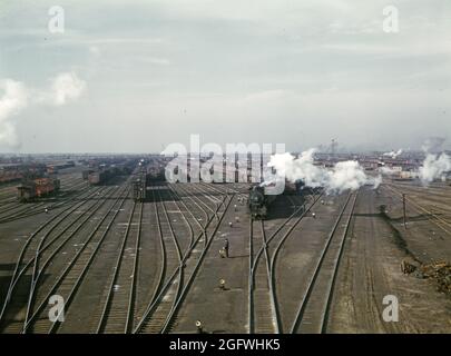 US, American railroads in color 1939 General view of a classification yard Stock Photo
