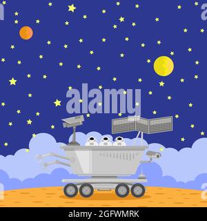 Lunar Rover Icon Isolated on Cosmic Background. Robotic Space Vehicle for Investigation,Study, Research, Survey Stock Vector