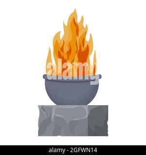 Fireplace, medieval castle torch on stone in cartoon style isolated on white background. Textured and detailed decoration, ancient flame. . Vector illustration Stock Vector