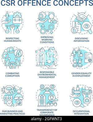 Corporate social responsibility offence blue concept icons set Stock Vector