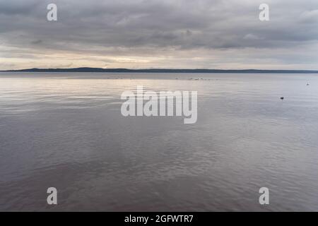 Beautiful autumn misty grey lake and cloudy sky reflection in the water at sunset. Dark and moody nature background. Great wallpaper design. Copy space. Stock Photo