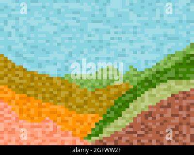 Pixel landscape with green meadows and hills. Retro 8-bit video game of the 90s in 2D. Pixel art design for games, apps, banners and posters. Vector i Stock Vector