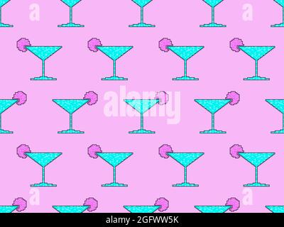 Cocktail glass seamless pattern. Martini glass pixel art. 8 bit graphic in the style of video games from the 90s. Design for printing, wrapping and ad Stock Vector