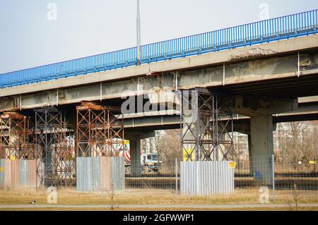 POZNAN, POLAND - Feb 23, 2015: A view of an old highway bridge in the Rataje park, Poznan, Poland Stock Photo