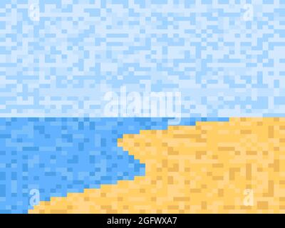 Beach landscape pixel art style. Coast in 8-bit style of retro games. Design for prints, posters and interior design. Vector illustration Stock Vector