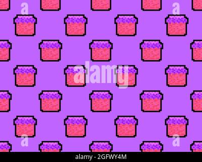 Seamless pattern with jar of jam in pixel art style. 8 bit jar of jam in 2D retro style. Design for printing, wrapping paper and advertising. Vector i Stock Vector