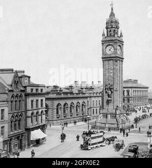 An early 20th century  view of High Street and the Albert Memorial Clock (more commonly referred to as the Albert Clock) situated at Queen's Square in Belfast, Northern Ireland. It was completed in 1869 and is one of the best known landmarks of Belfast. Stock Photo