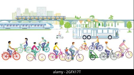 Transport by train, bike and bus, public transport Stock Vector